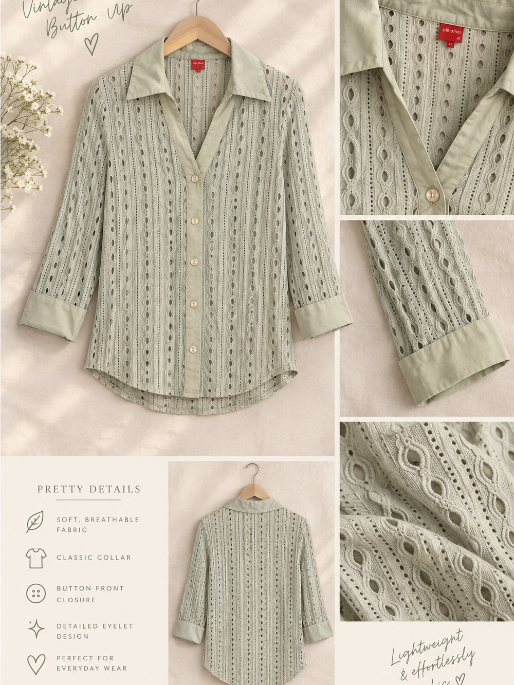 Women's Eyelet Button-Up Blouse in Light Sage - Classic Collar